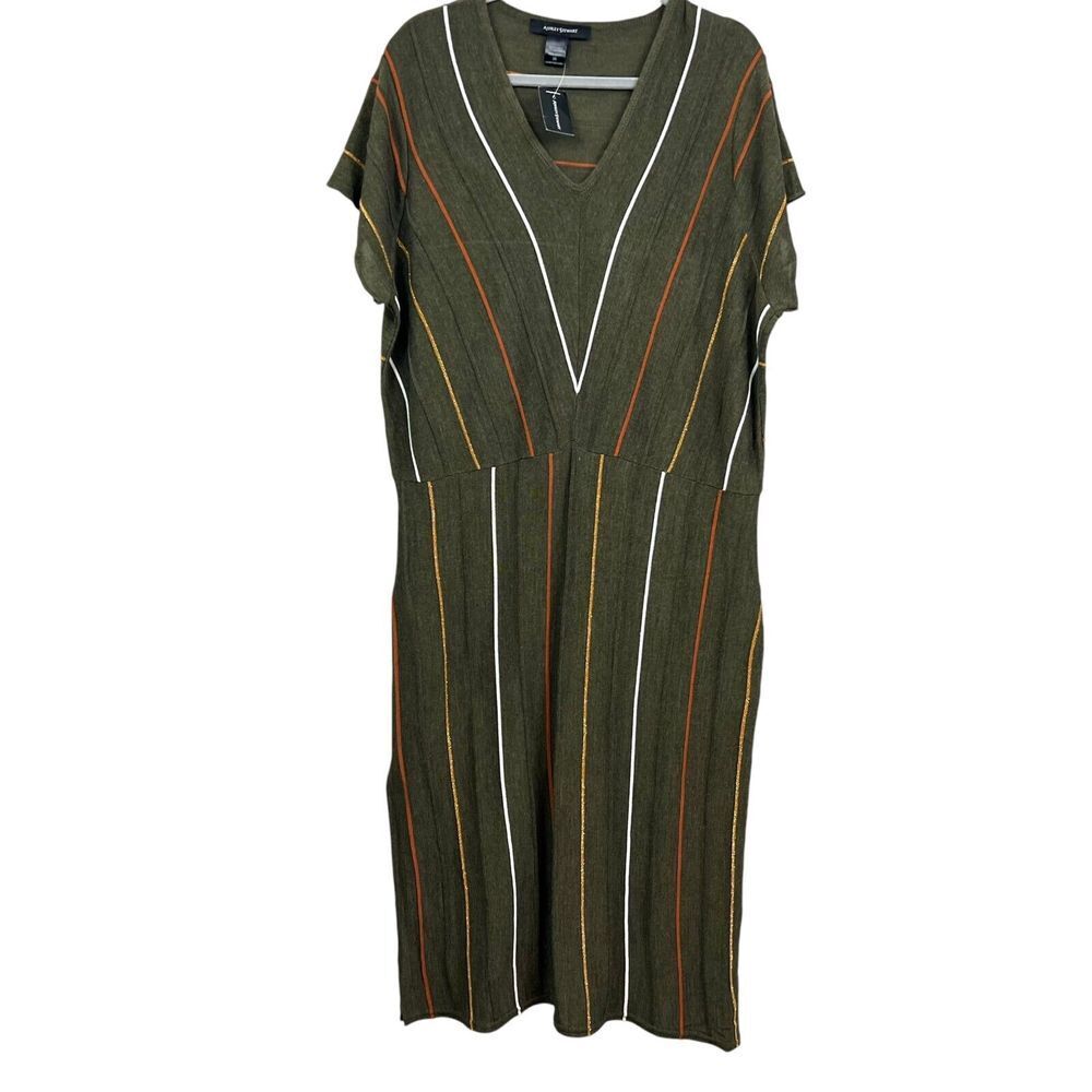 Ashley Stewart Womens Knit Dress Stripe Stretch Cap Sleeves Olive Green Sz 26*